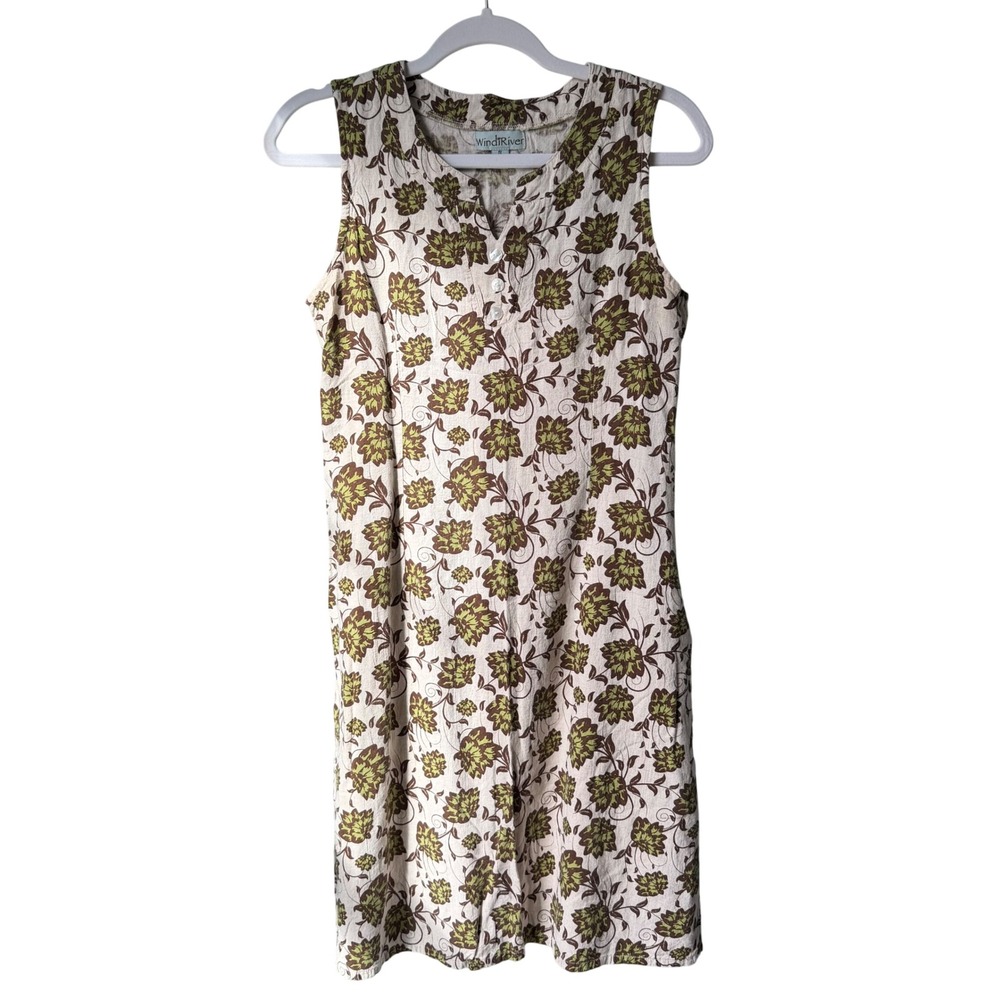 Wind River Linen Midi Dress Beige Green Floral Sleeveless Boho Lagenlook Small